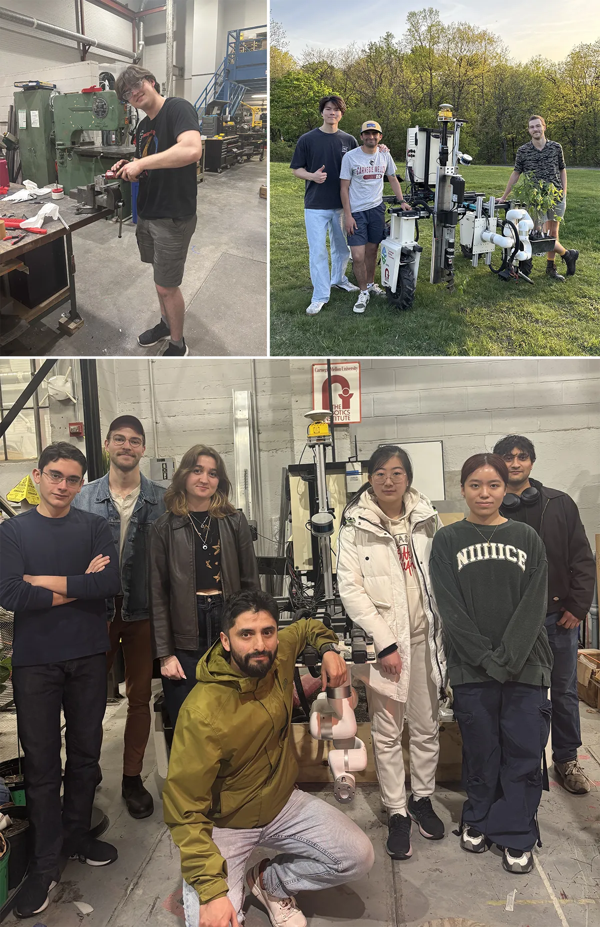 Three photo collage: upper left is a guy wearing goggles holding a small piece of equipment; upper right, three guys lean on a robot on lawn; lower, three guys and three women stand and a guy kneels around a robot.