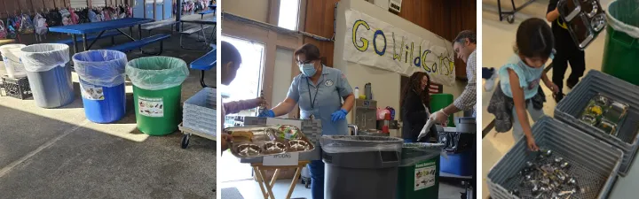 Waste station set up at Hirsch Elementary October 2023. Lunch monitoring at Cabrillo Elementary May 2023. Students at Blacow Elementary placing reusables in their proper place October 2023.