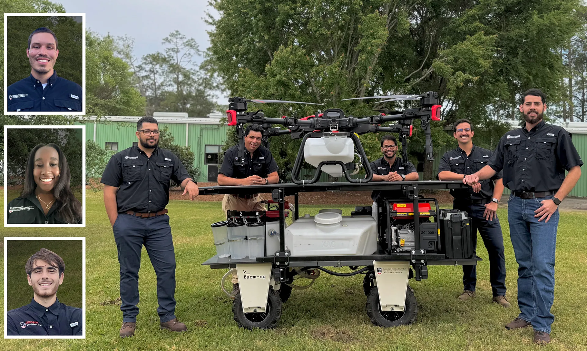Five guys stand around a spray drone on an equipment stand. Headshots of a woman and two men are on the left side.
