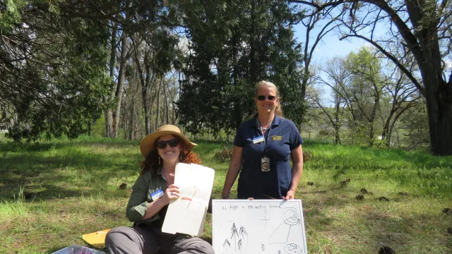 Two women kneeling and holding up a whiteboard