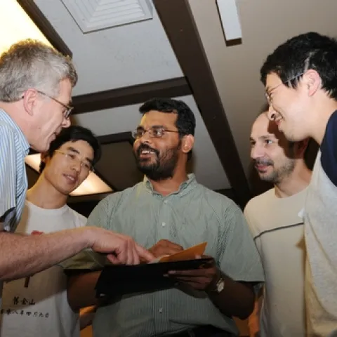 Members of the Walter Leal lab congratulate Zain Syed on his award. From left are Walter Leal, professor of entomology; Zhao Liu, graduate student; Zain Syed; Julien Pelletier, postdoctoral scholar; and Wei Xu, ag chemistry graduate student. (Photo by Kathy Keatley Garvey)