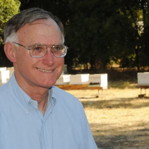 HONEY BEE GURU Eric Mussen at the Harry H. Laidlaw Jr. Honey Bee Research Facility, University of California, Davis. (Photo by Kathy Keatley Garvey)
