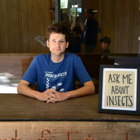 Zachary "Zach" Griebenow, a doctoral candidate in the Phil Ward lab, is ready to answer your questions about insects. (Photo by Kathy Keatley Garvey)