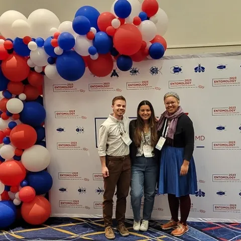 These three UC Davis doctoral students won the President's Prize in their specific categories at the Entomological Society of America meeting in National Harbor, Md. From left are Shawn Christensen, doctoral candidate and Lexie Martin, doctoral student, both of the Rachel Vannette lab; and doctoral student Iris Quayle of the Jason Bond lab.